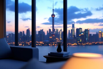 Evening Serenity Modern Apartment Stunning City View - Tranquil evening scene, modern apartment, city lights, calm atmosphere, peaceful ambiance. Symbolizing peace, urban living, beauty, luxury, and e