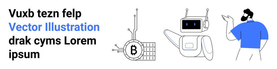 Man gesturing with a blue shirt, robot with digital display, Bitcoin circuit network. Ideal for technology, cryptocurrency, blockchain, fintech, robotics, digital innovation, modern websites. Landing