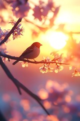 Bird perched on blossoming branch at sunset.