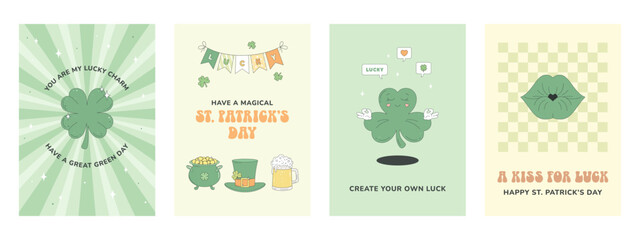 St. Patrick's Day greeting cards, posters with funny inscriptions. Retro 60s 70s groovy Patrick design.