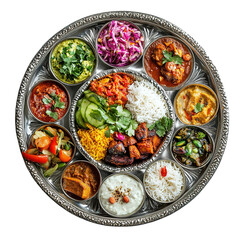 A traditional Indian Thali platter featuring a variety of curries rice vegetables and chutn
