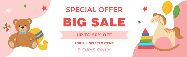 Advertising banner with teddy bear, horse, ball, duck. Toy store banner.