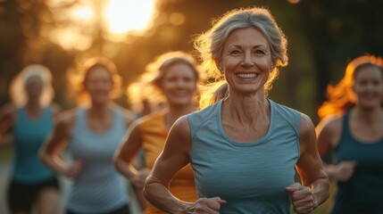 Happy Middle-Aged Woman Running with Group in Golden Hour Light