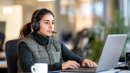 Egyptian woman in military uniform and headset working with a laptop at control room