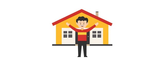Fototapeta premium Flat vector logo of red house with man standing next to it, simple minimalistic style