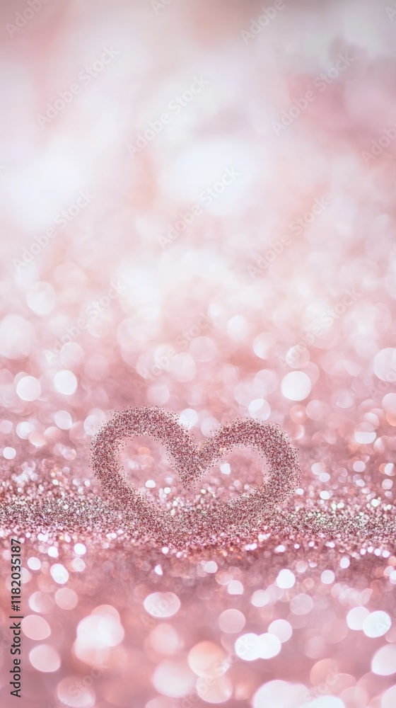 Poster pink glitter forms a heart shape on a sparkling pink background, creating a romantic and dreamy atmo