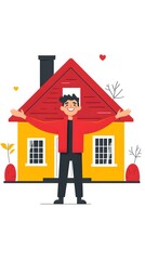 Flat vector logo of red house with man standing next to it, simple minimalistic style