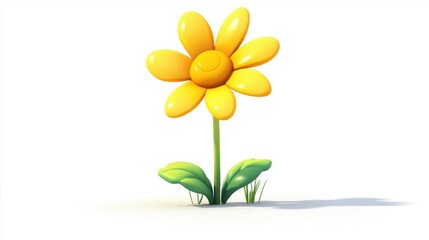 Bright Yellow Flower with Smooth Petals and Green Leaves on White Background