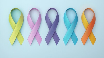 Five colorful ribbons in varying shades arranged horizontally against a light blue background, symbolizing awareness and support for various causes.