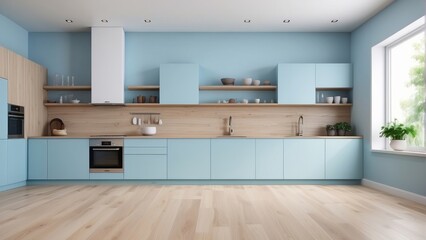Fototapeta premium kitchen room interior, Pale Blue wall background and wood floor, minimalist style