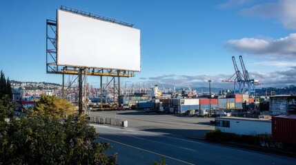 Obraz premium Blank Billboard Overlooking Busy Port City