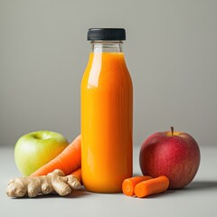 Fresh carrot, apple, and ginger juice in glass bottle.