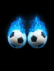 Fototapeta premium Fiery Soccer Showdown - Two soccer balls engulfed in blue flames, symbolizing passion, competition, intensity, speed, and victory.