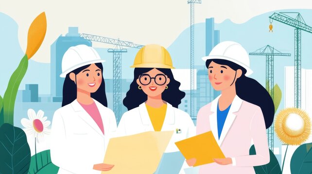 Women in construction reviewing plans on site with urban background, Women's History Month