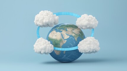 A stylized globe surrounded by clouds and a blue ring, symbolizing environmental themes and global connectivity.