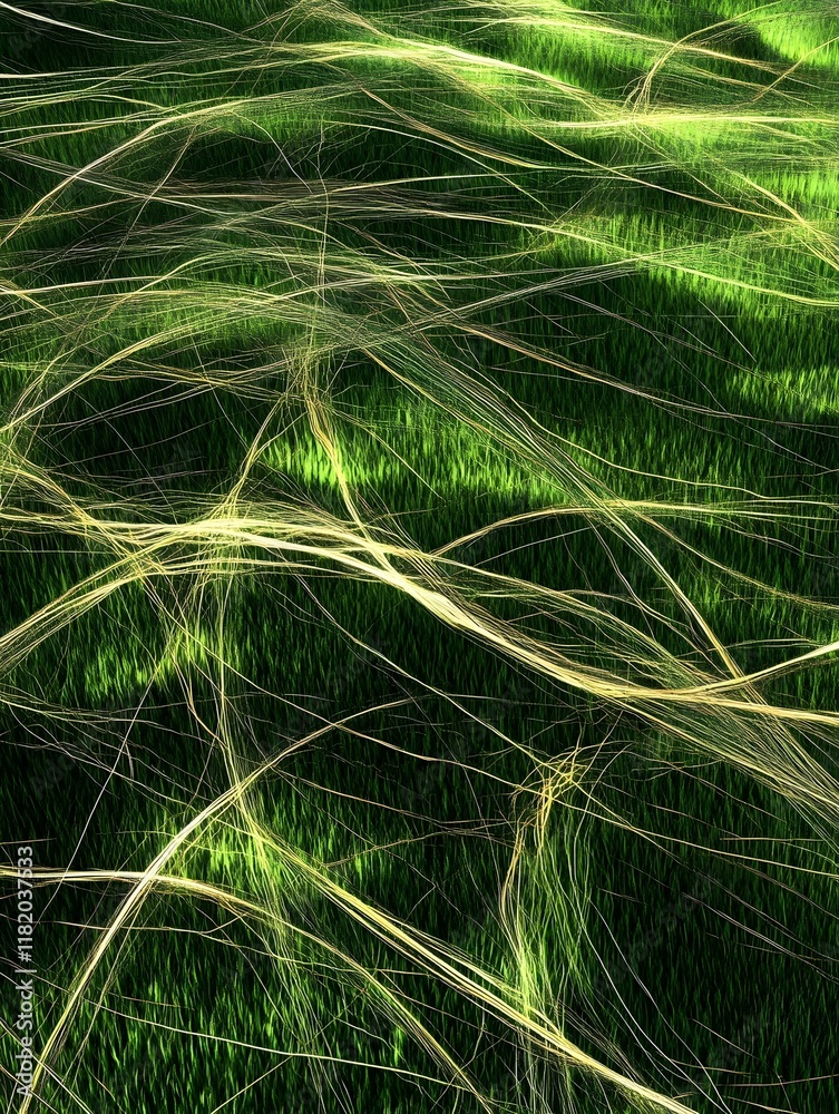 Aufkleber An abstract digital artwork depicting a field of luminous green grass with intricate patterns and glowing lines, creating a mesmerizing and otherworldly landscape.