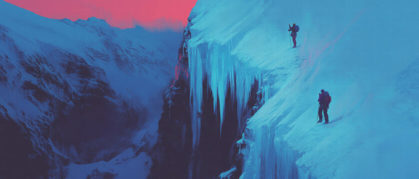 Adventurous ice climbers scale a frozen waterfall in a stunning winter landscape