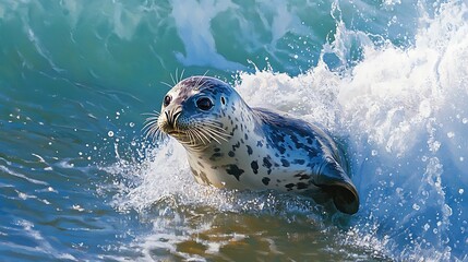Obraz premium Harbor seal pup emerges from ocean wave, splashing water.