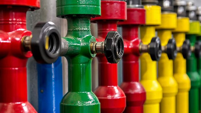 Colorful industrial pipe fittings arranged in a row, showcasing various sizes and functions in a manufacturing setting