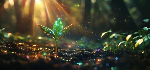 Magical seedling growing in sunlight.