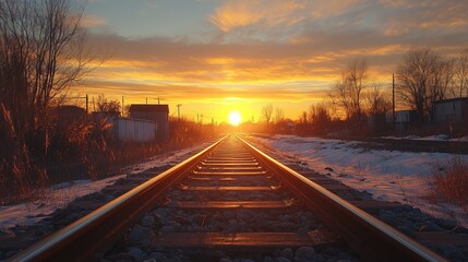 Fototapeta premium A high-angle shot of railway tracks at sunrise, symbolizing journeys and progress. Perfect for travel, transportation, and inspirational-themed projects