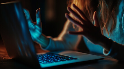 Businesswoman raising hands in front of her laptop, expressing stress and frustration at night