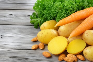 Fresh Harvest Vegetables and Nuts - Potatoes, carrots, almonds, and leafy greens; symbolizing health, nutrition, freshness, abundance, and wholesome eating.