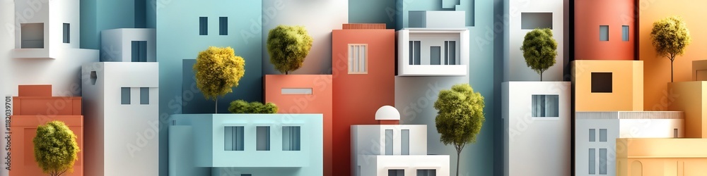Poster depicting a stylized representation of the varied architectural forms and structures commonly found 