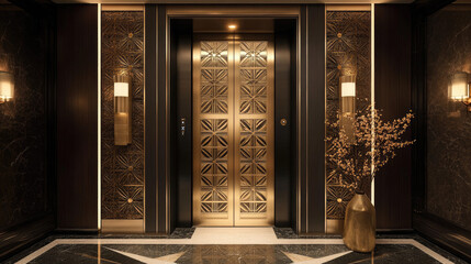 Elegant Interior of Luxury Elevator with Golden Doors and Decor
