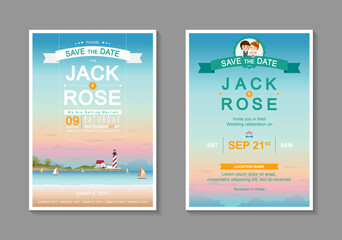 Beach Wedding Invitation Template with Sailboat Lighthouse and Pink Blue Sky.