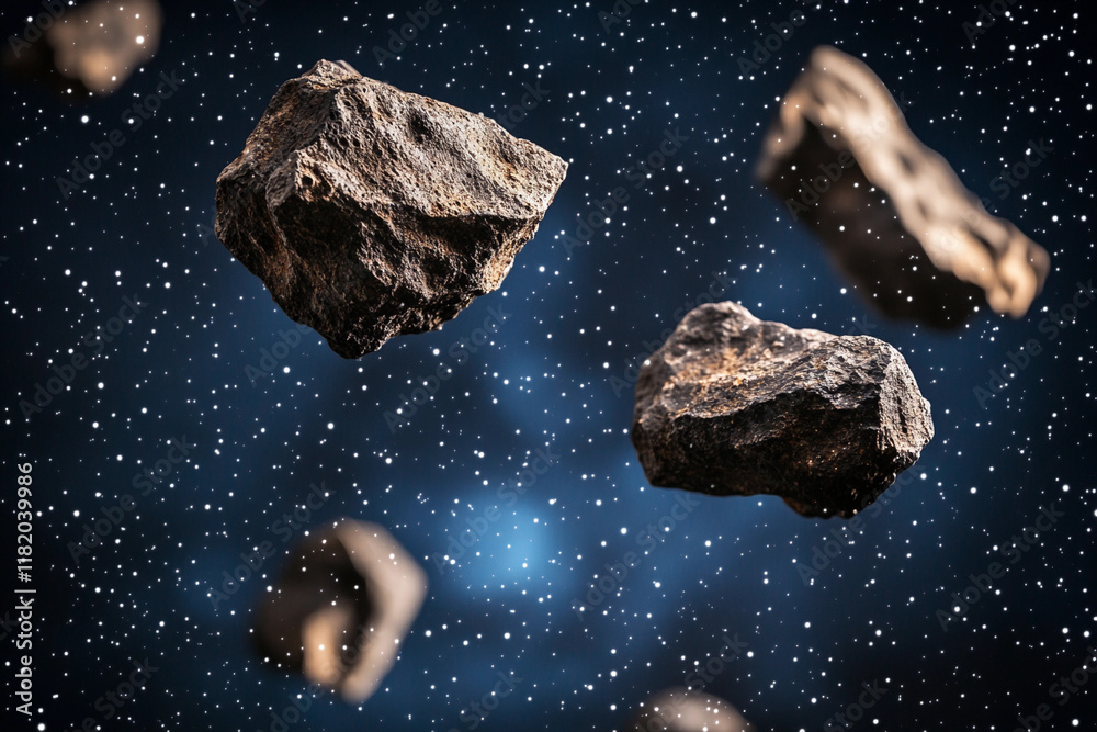 Poster Asteroids floating in a starry cosmic background