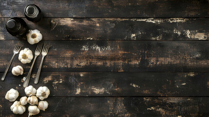 Naklejka premium Rustic dark wooden background with garlic cloves, vintage forks, and small glass bottles. Perfect for food blogs, recipe websites, or culinary-themed projects.