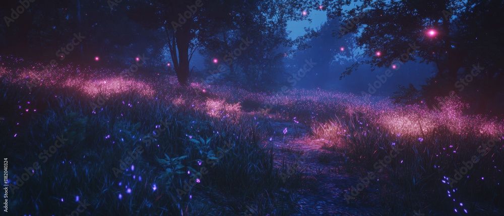 Aufkleber magical landscape with glowing flora against a dark background in a surreal setting