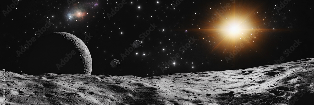 Poster celestial view from a lunar landscape during twilight