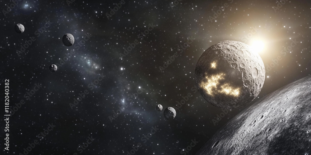 Poster celestial bodies illuminated by distant star in vast space
