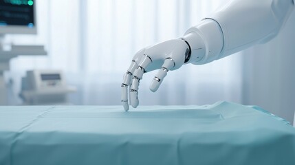 A robotic hand gently interacts with a sterile surgical surface, showcasing advanced technology in a medical environment.
