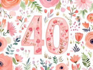 A floral-themed birthday card design featuring the number 40 surrounded by watercolor patterns