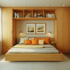 Cozy multi functional guest room with foldable bed and warm decor