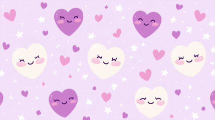 valentines day light lavender background with cute smiling heart faces pattern