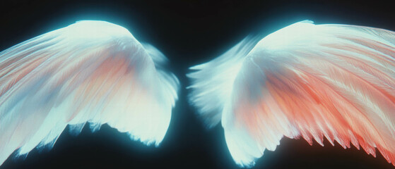 Magical wings spread with glowing feathers against a dark background in a mystical display