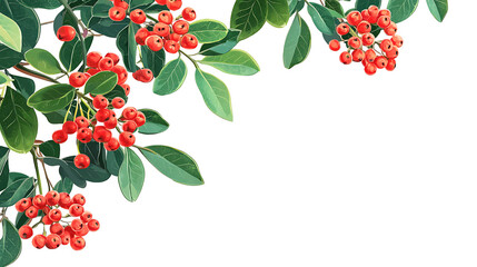 A decorative illustration featuring clusters of red berries and green leaves on a white background.