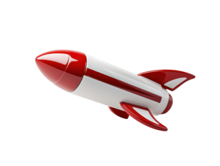 Red and white rocket launching into the vast darkness of space 
