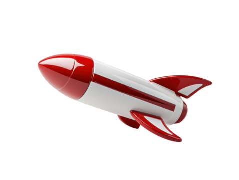Red and white rocket launching into the vast darkness of space 