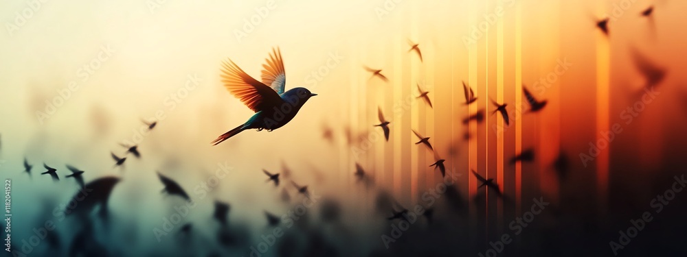 Poster a 3d rendered spectrogram showcasing the vibrant frequency content and rhythmic movement of a flock 