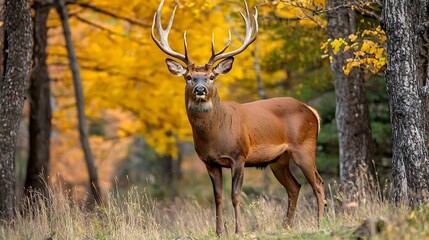 Majestic deer with large antlers standing in autumn forest.