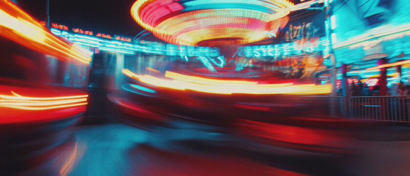 Exciting amusement park rides illuminate the night with vibrant long exposure effects