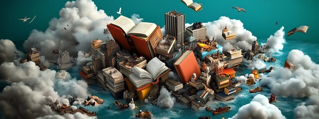 Digital artwork depicting a surreal tower of books representing the diverse genres of literature including fiction nonfiction poetry drama and more floating in a cloudy imaginative sky