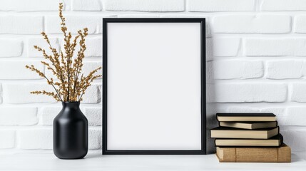 Black frame mockup leaning against a white brick wall, featuring a black vase filled with dried flowers and a stack of books resting on a white table, creating a stylish, minimalist interior scene