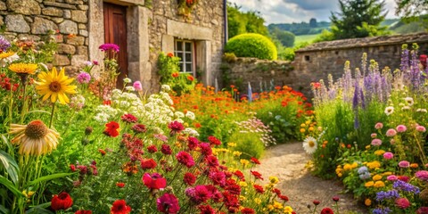 Obraz premium Rustic Country Garden with Blooming Flowers and Copy Space - Charming Cottagecore Scene