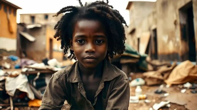 A poor young African girl with curly hair, wearing a tattered shirt, sitting in a slum environment